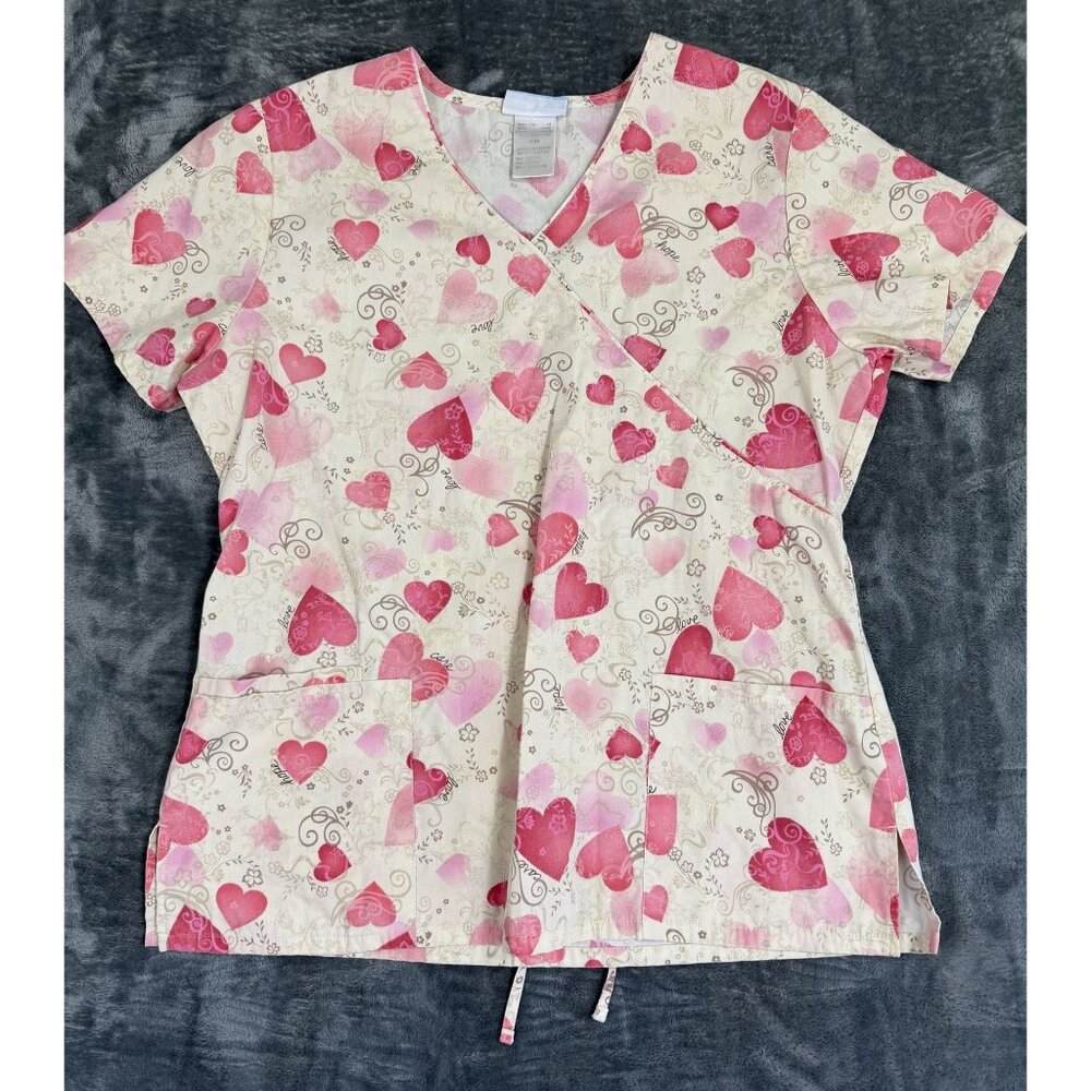 SB Scrubs Womens Medium V-Neck Heart Print Pink Beige Top